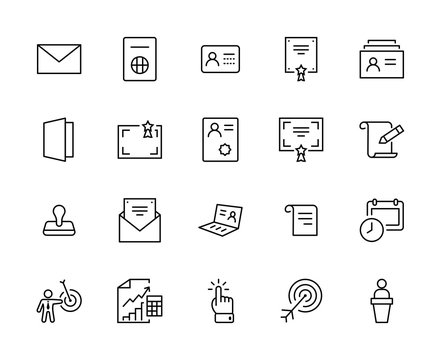 Set of Legal Documents Related Vector Line Icons. Contains such Icon as Visa, Contract, Declaration, License, Permission, Grant and more. Editable Stroke. 32x32 Pixels