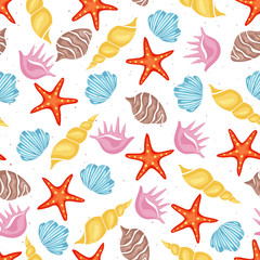 Summer sea seamless pattern with various sea shells on white background