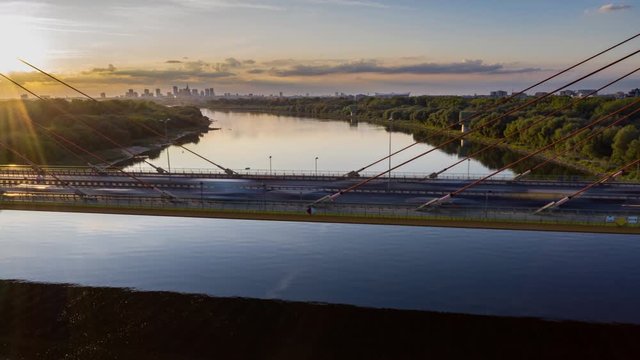 The drone rises above the Siekierkowski Bridge in Warsaw.