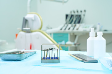 Close-up Dental Instruments. Against the background of the dental clinic