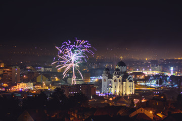 Celebration of orthodox Christmas eve with fireworks in Valjevo, Serbia