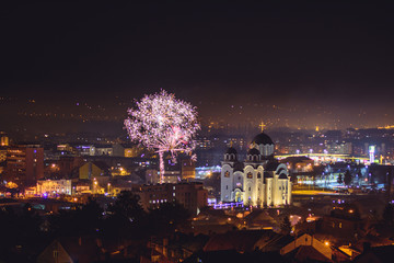 Celebration of orthodox Christmas eve with fireworks in Valjevo, Serbia