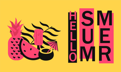 Hello summer text with pineapple, watermelon, ice cream and coconut cocktail. Concept summer vacation with fresh fruit banner 