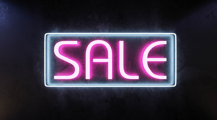 blue and pink neon sale sign opening sale marketing concept on dark concrete wall low key lighting 3d render illustration