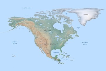 physical map of north america on blue background with terrain relief