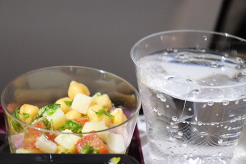 bowl of vegetable soup and drinks