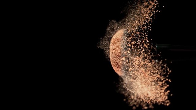 Super Slow Motion Closeup Shot of Makeup Powder Falling from Facial Brush at 1000fps.