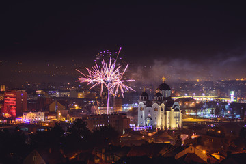 Celebration of orthodox Christmas eve with fireworks in Valjevo, Serbia