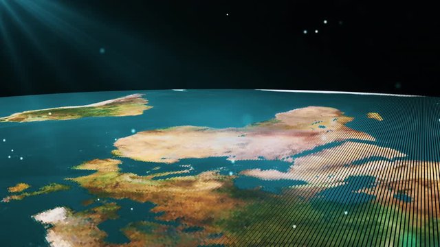 Earth map animation in pixelated texture beamed with sunrays.