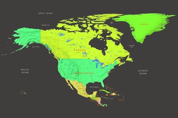 political map of north america on a dark background with terrain relief