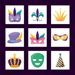 Obraz premium Isolated mardi gras icon set inside frames vector design