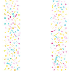 Geometric confetti background with triangle, circle, square shapes, chevron and wavy lines
