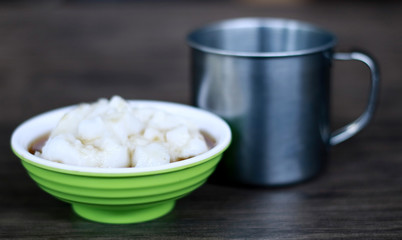 Bubur sumsum (Indonesian traditional porridge) and a cup of drink.