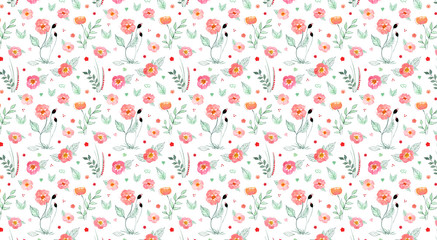 Delicate watercolor wildflowers with leaves on a white background. Background for design.