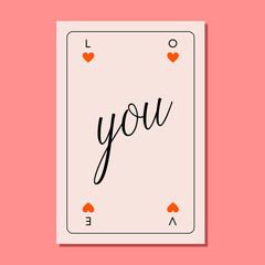 Valentines day gift card. Play card on pink background with romantic inscription Love you. Love letter. Minimalistic elegant style. Vector illustration