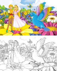 Obraz na płótnie Canvas cartoon girl princess and prince with a wild bird sketch