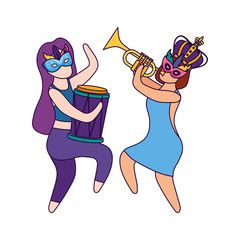 Women with mardi gras mask crown drum and trumpet vector design