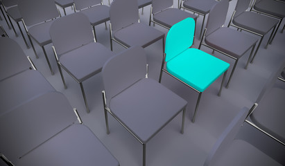 Concept or conceptual blue armchair standing out in a  conference room as a metaphor for leadership, vision and strategy. A 3d illustration of individuality, creativity and achievement