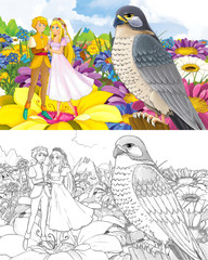 cartoon girl princess and prince with a wild bird sketch