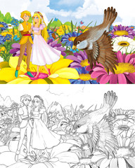 Fototapeta na wymiar cartoon girl princess and prince with a wild bird sketch