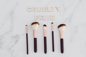 beauty industry and vegan products, make-up brushes with Cruelty free text next to them referring to the use of synthetic bristle