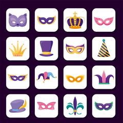 Isolated mardi gras icon set inside frames vector design