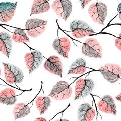 Autumn watercolor leaves with branches on a white background. Seamless pattern for design.