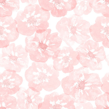 Delicate pink watercolor flowers on a white background. Seamless pattern for design.