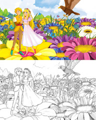 Fototapeta na wymiar cartoon girl princess and prince with a wild bird sketch