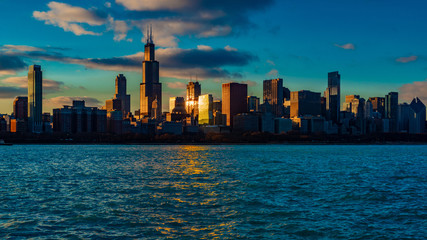 Chicago skyline at sunset, Panoramic view 16x9, January 2019