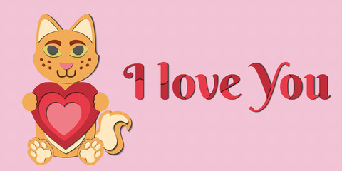 A valentines day vector drawing of a cute paper cut out cat holding a red heart in its paws. The animal is orange on a pink background. Includes “I love you” caption (text).