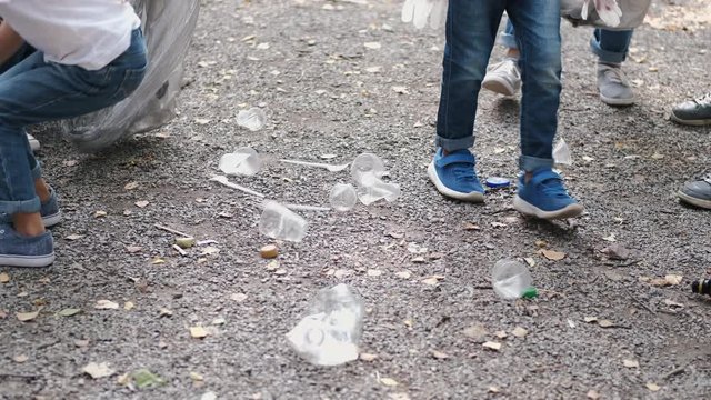 People are cleaning the forest. They are collecting the garbage. There are lots of rubbish on the ground.
