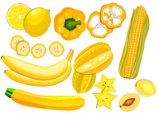 Collection of fresh yellow color vegetables and fruits raw on white background