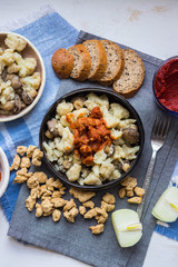 Meat substitute soy chunks with cauliflower vegan lunch food or dinner. Vegan meat with tomato paste cooked. Healthy food