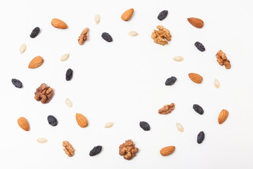 Nuts and raisins. Healthy eating concept.Top view. Copy space.