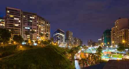 Fototapeta na wymiar Skyline of Miraflores at night, in Lima, Peru