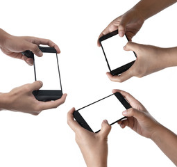 hands holding smart phone with blank screen in horizontal orientation and playing video games