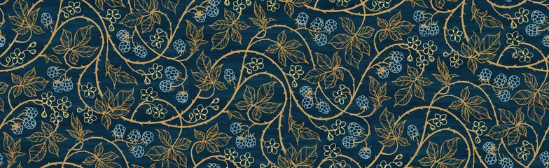 Papier Peint photo Lavable Salle Motif de papier peint répétitif sans couture de vignes de mûres botaniques florales - version riche en or et bleu royal