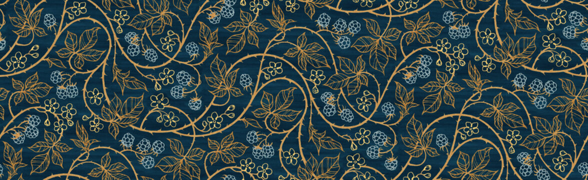 Floral botanical blackberry vines seamless repeating wallpaper pattern- rich gold and royal blue version © kk