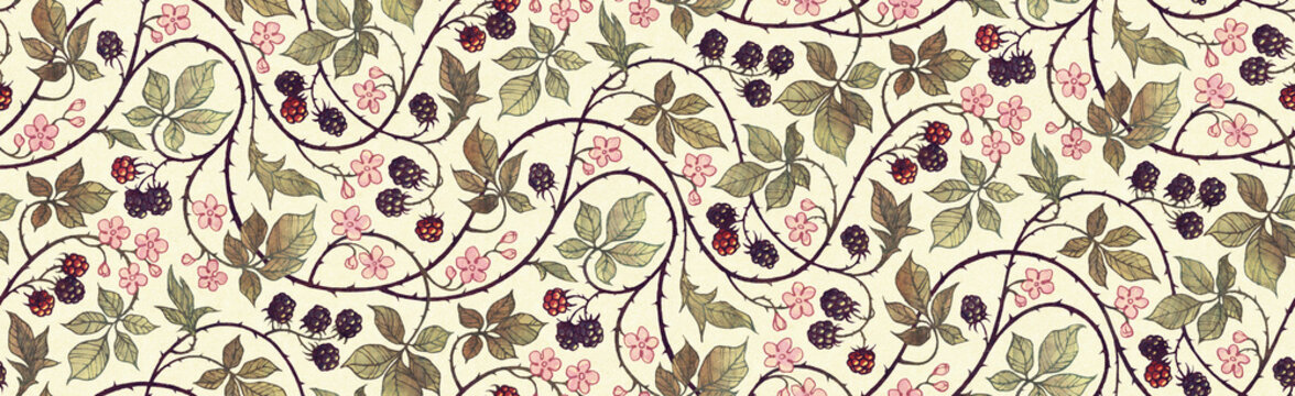 Floral botanical blackberry vines seamless repeating wallpaper pattern- warm faded vintage illustration version