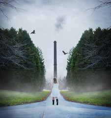 Woman walking in surreal setting