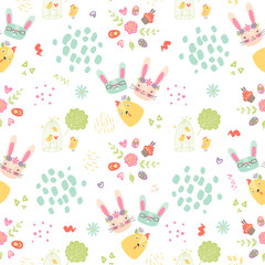 Pasen kinderdagverblijf naadloos patroon met konijntjes, vogels, eieren, bloemen, harten, penseelstreken. cartoon scandinavische Pasen herhalende tegel voor behang, kinderkamerinrichting, textiel, stof, cadeaupapier