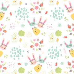 Zelfklevend Fotobehang Scandinavische stijl Pasen kinderdagverblijf naadloos patroon met konijntjes, vogels, eieren, bloemen, harten, penseelstreken. cartoon scandinavische Pasen herhalende tegel voor behang, kinderkamerinrichting, textiel, stof, cadeaupapier