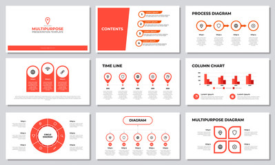 Red multipurpose presentation template with list, options, steps, timeline, workflow, graph, diagram. Business infographic, layout for slide, brochure, banner, annual report, advertising, marketing