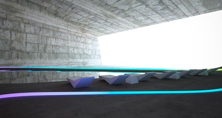 Abstract architectural concrete interior of a minimalist house with colored neon lighting. 3D illustration and rendering.