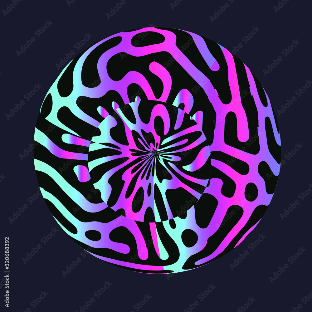 Poster holographic torus with bionic organic pattern on dark background. psychedelic surreal illustration.