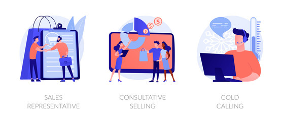 Marketing strategies. Sales promotion activities, customer support and advertising. Sales representative, consultative selling, cold calling metaphors. Vector isolated concept metaphor illustrations.