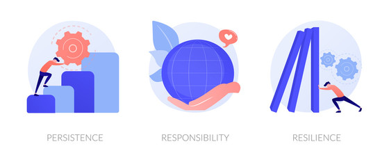 Personal skills development. Self growth and motivation. Career coaching, business training. Persistence, responsibility, resilience metaphors. Vector isolated concept metaphor illustrations.