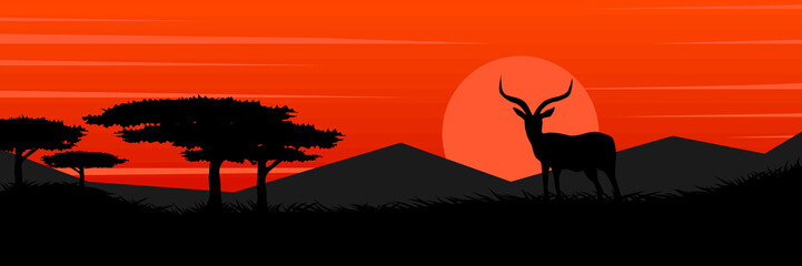 Fototapeta na wymiar Wildlife vector landscape with silhouette foreground and orange tones in background.
