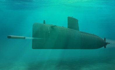 3D illustration naval submarine firing torpedo underwater - obrazy, fototapety, plakaty